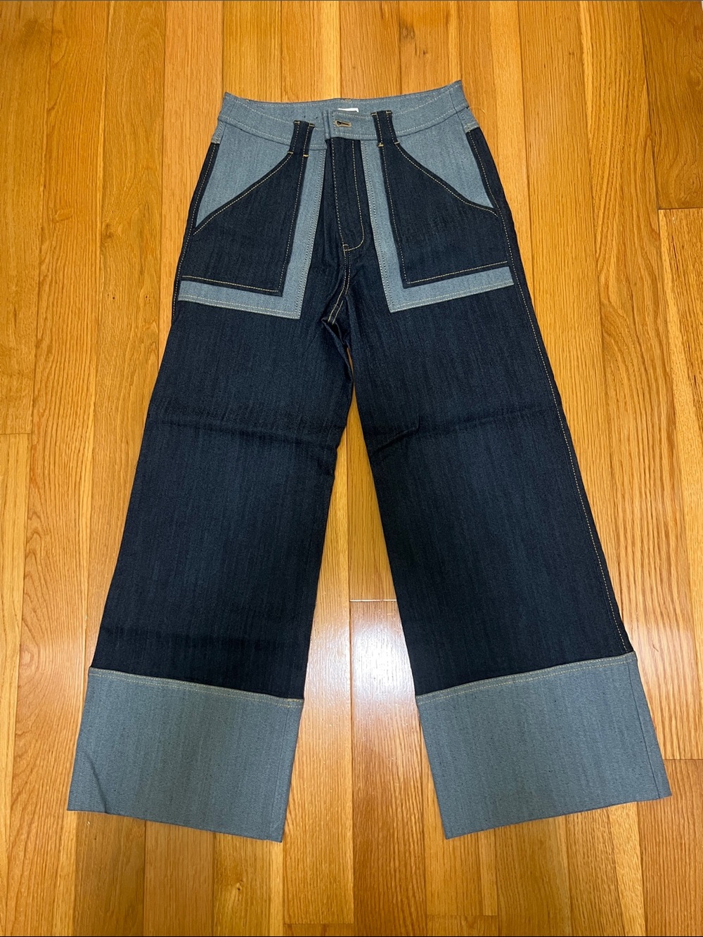 cinq a sept Two-Tone Dark and Light Indigo Cropped Wide-Leg Jeans